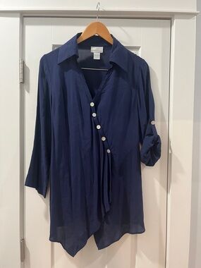Soft Surroundings Navy Asymmetric Draped Button Blouse XS lightweight
